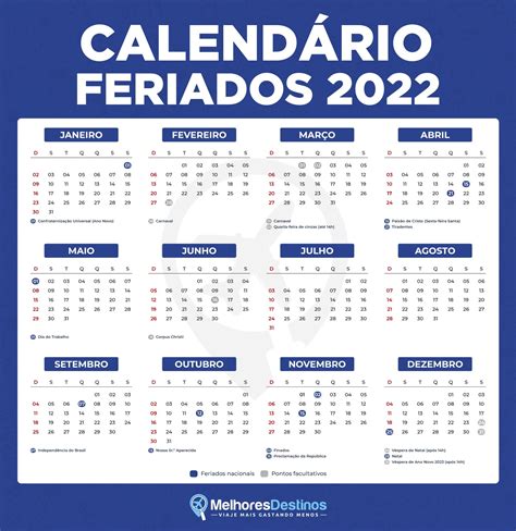 calendários com feriados 2022